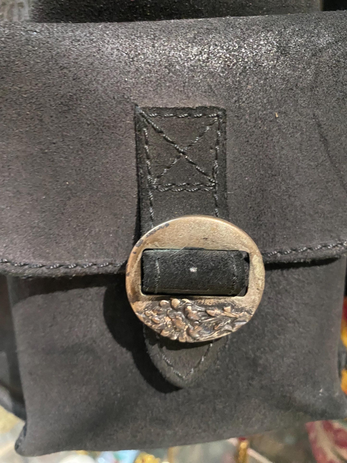 Artisanal black suede leather backpack / bucket bag with cotton canvas lining, NOS 90s Italy