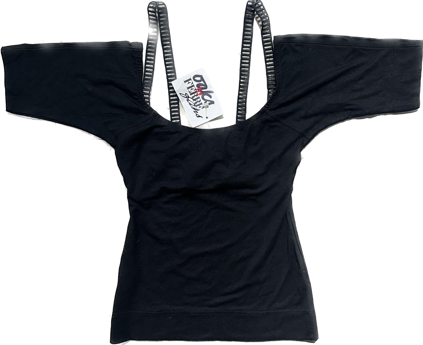 Oaks Ferrè black cotton halter top with embroidered macrame shoulder straps, NOS 80s Italy