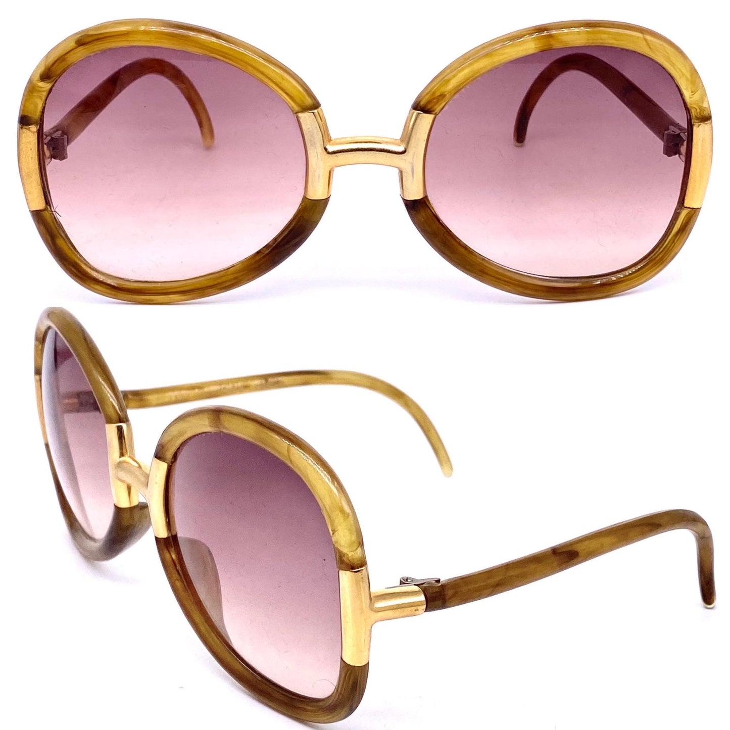 Ted Lapidus Paris amber/gold round oversized sunglasses hand made in France, 70s NOS