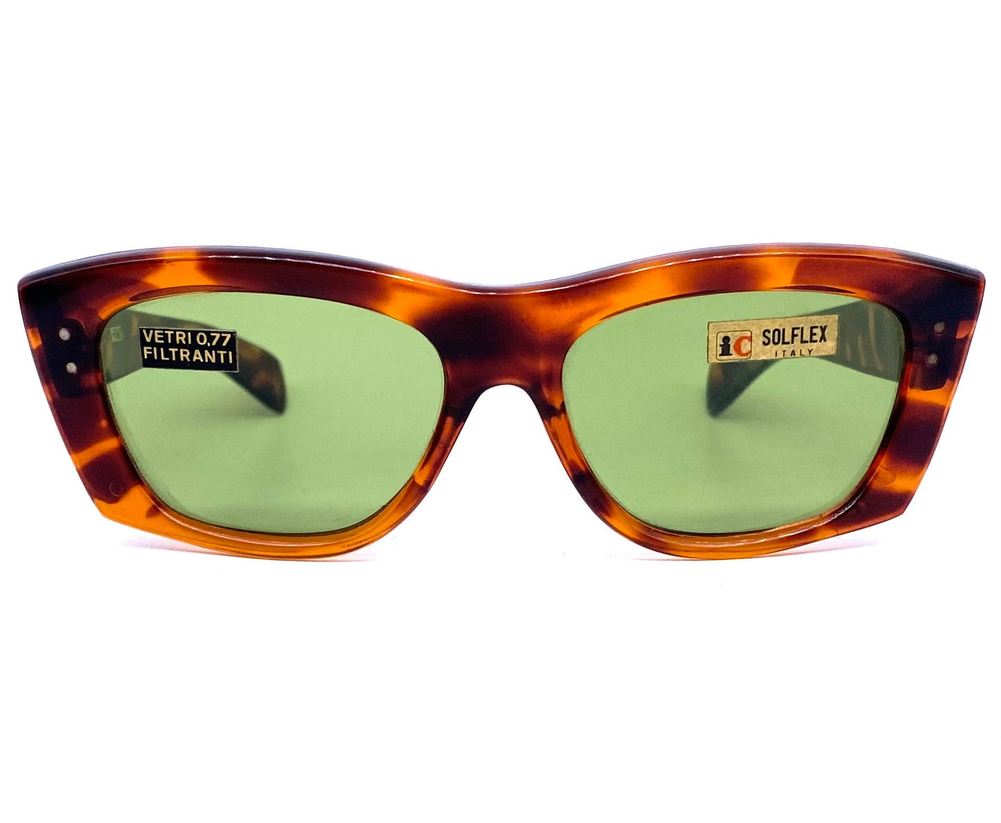 1960s Solflex square oversized tortoise sunglasses with green crystal lenses, NOS Italy