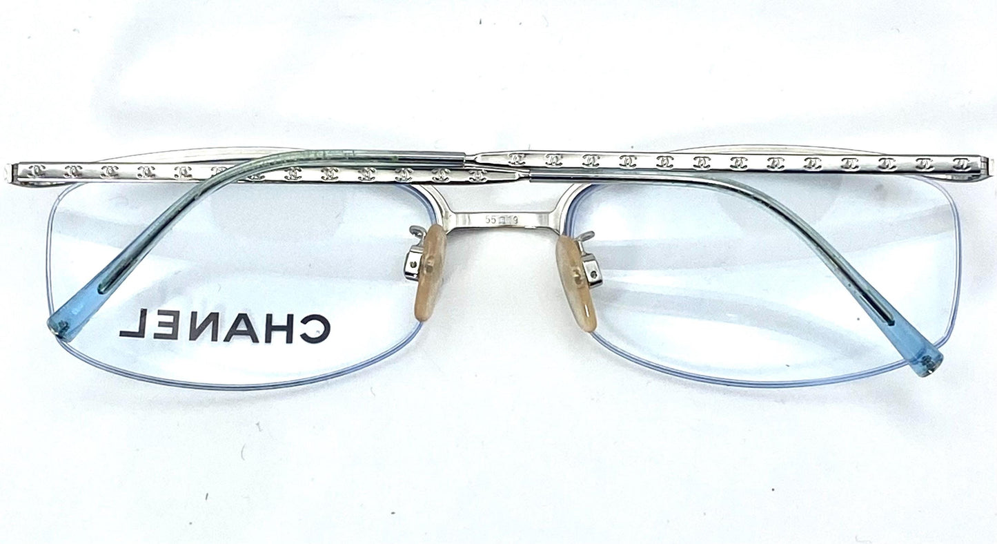 Chanel modernist half rim silver glasses w CC logo carved allover, NOS early Y2K mint