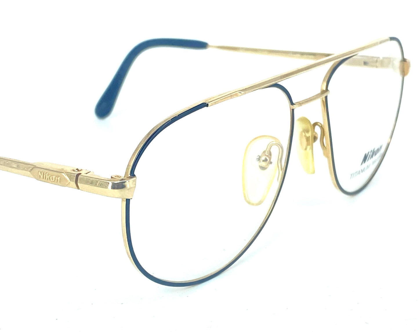 Nikon 4308 Japan classy gold titanium aviator frames w black enameled rims, NOS 80s mint