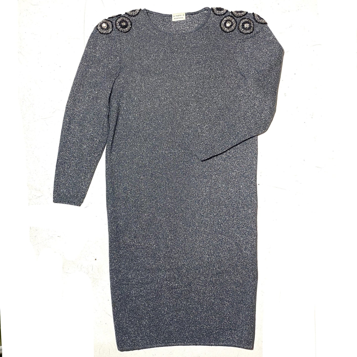 Nicolet Knitwear silver sweater dress with preciously hand embroidered shoulders, mint 80s Italy