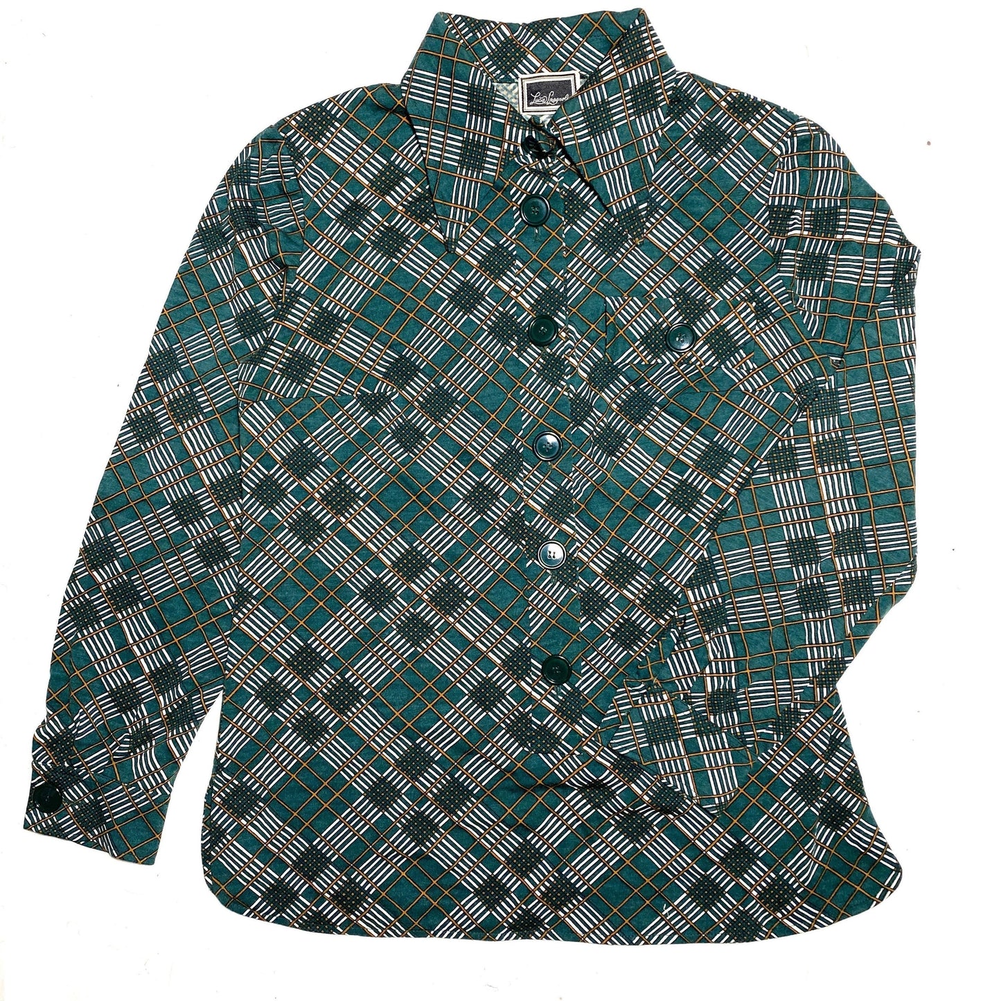 Luisa Spagnoli 70s green checks cotton blouse with beagle collar and chest pocket, mint sz 44