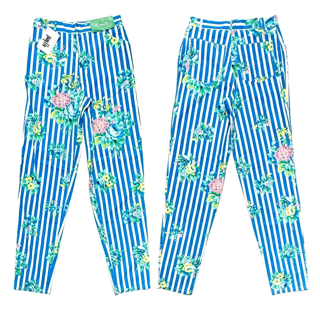 Benetton 80s striped cotton pants with flowers BNWT