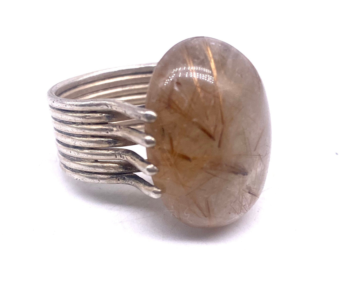 1960s Artisanal 925 Silver cable ring with big oval sunstone (Rutilated Quartz) in great condition
