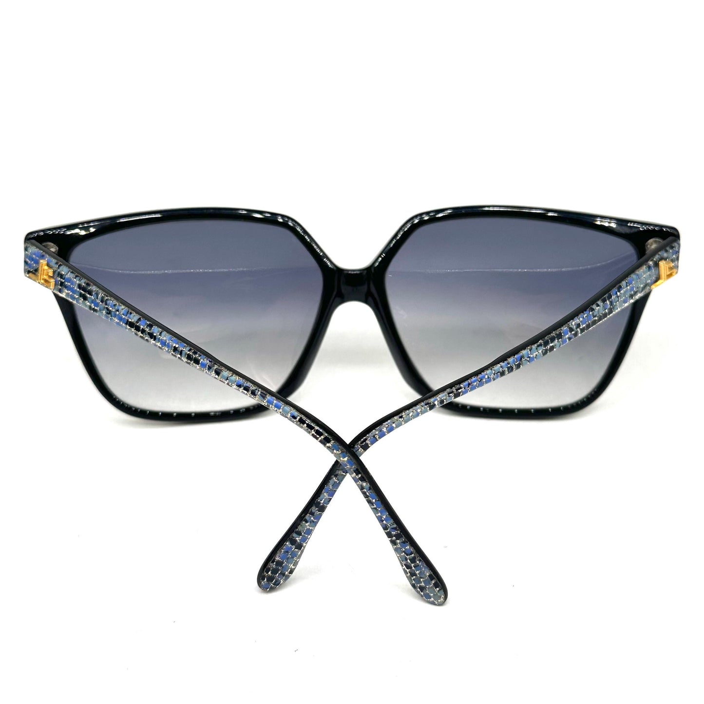 Jean-Louis Scherrer Paris frame 875 black oversize sunglasses with mosaic effect in gold/silver glitter and blue squares. 90s NOS France