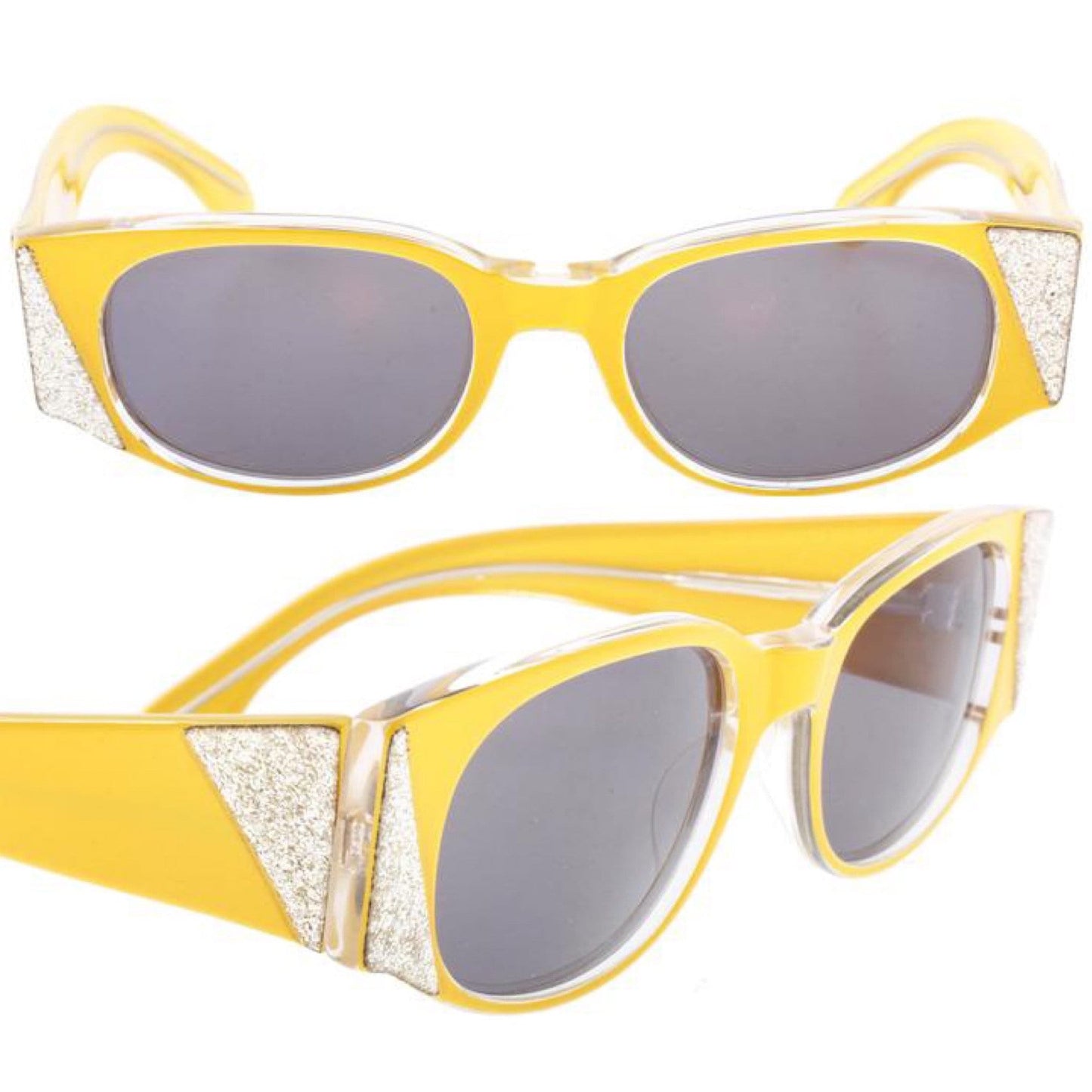NV Marylin one of a kind rocker sunglasses, yellow / silver glitter asymmetrical pattern , NOS 80s mint