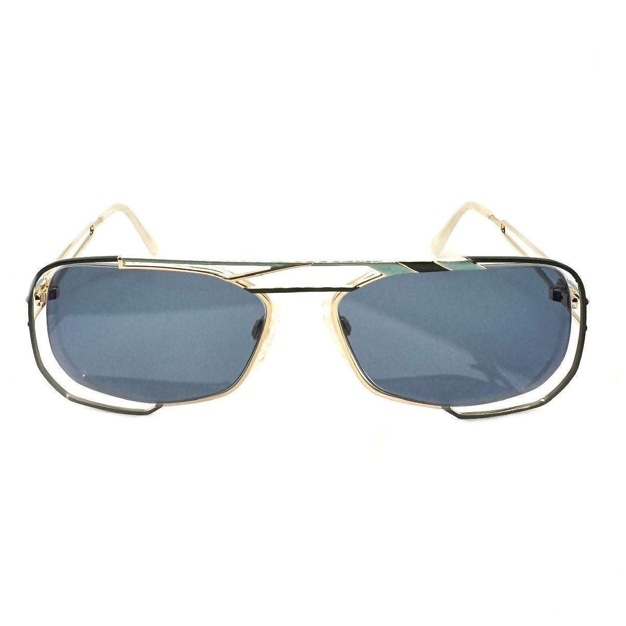 Neostyle jet 222 902 avant Garde sunglasses; gold w green and cyan enamel details & white cream ends, NOS 90s Germany