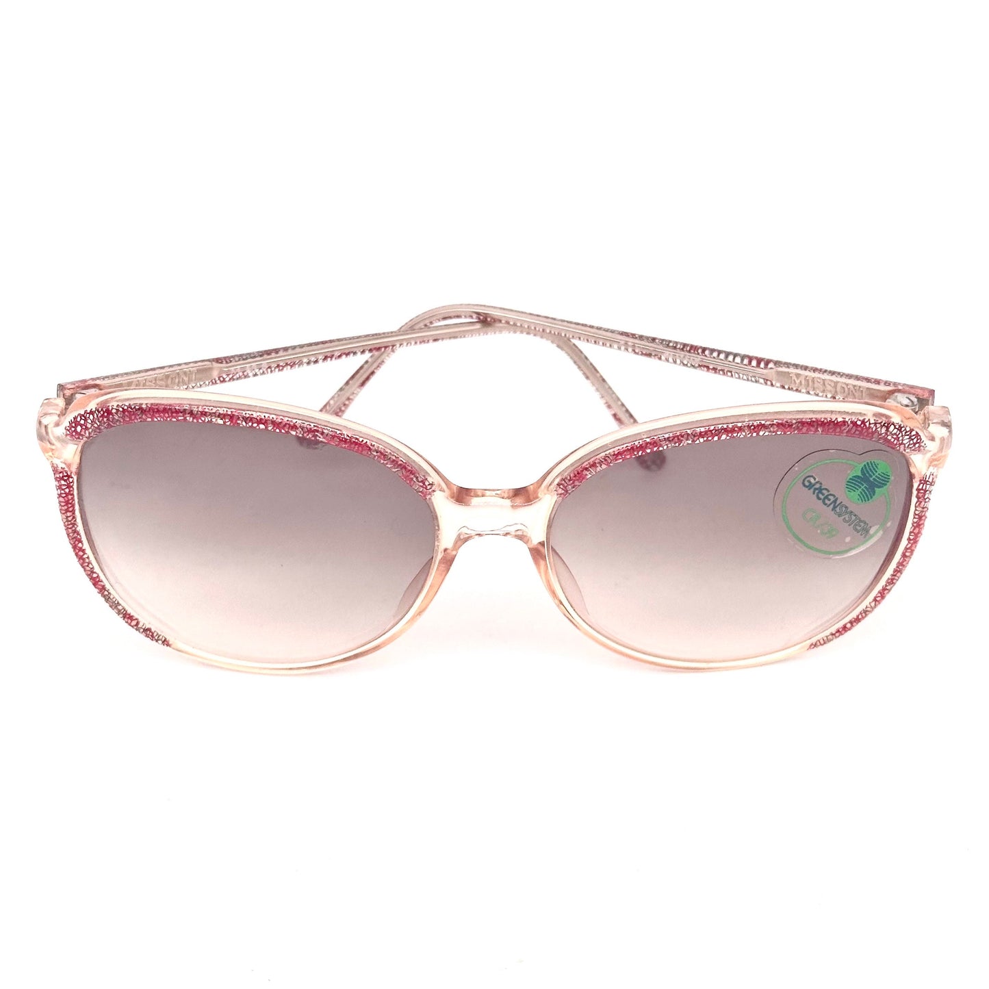 Missoni M58S red organic fantasy sunglasses w real fabric inlaid in the clear frames, NOS 80s Italy