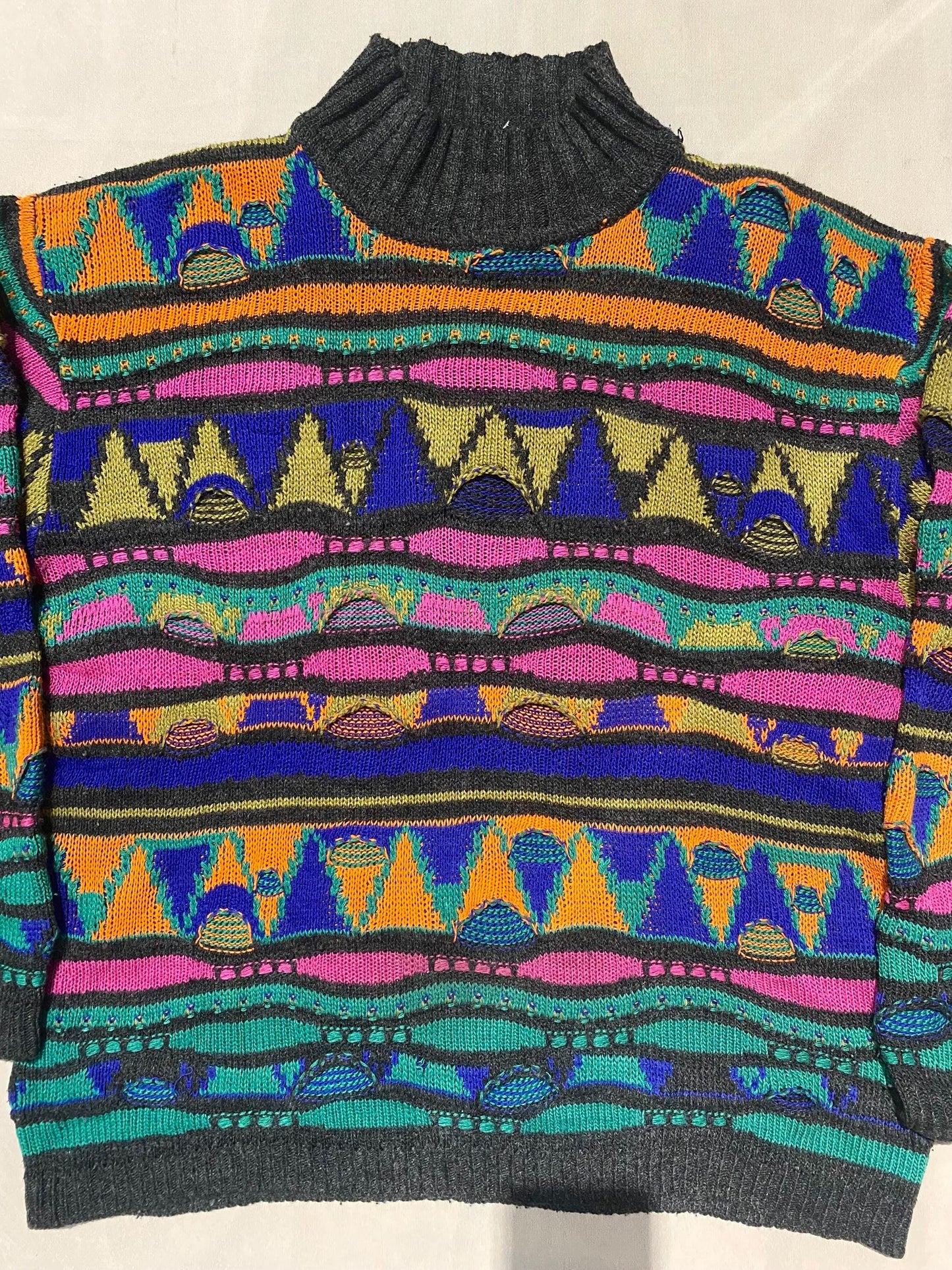 Hip-Hop bright Neon 3D knit turtleneck jumper, pure Coogi-colucci style, Sz M