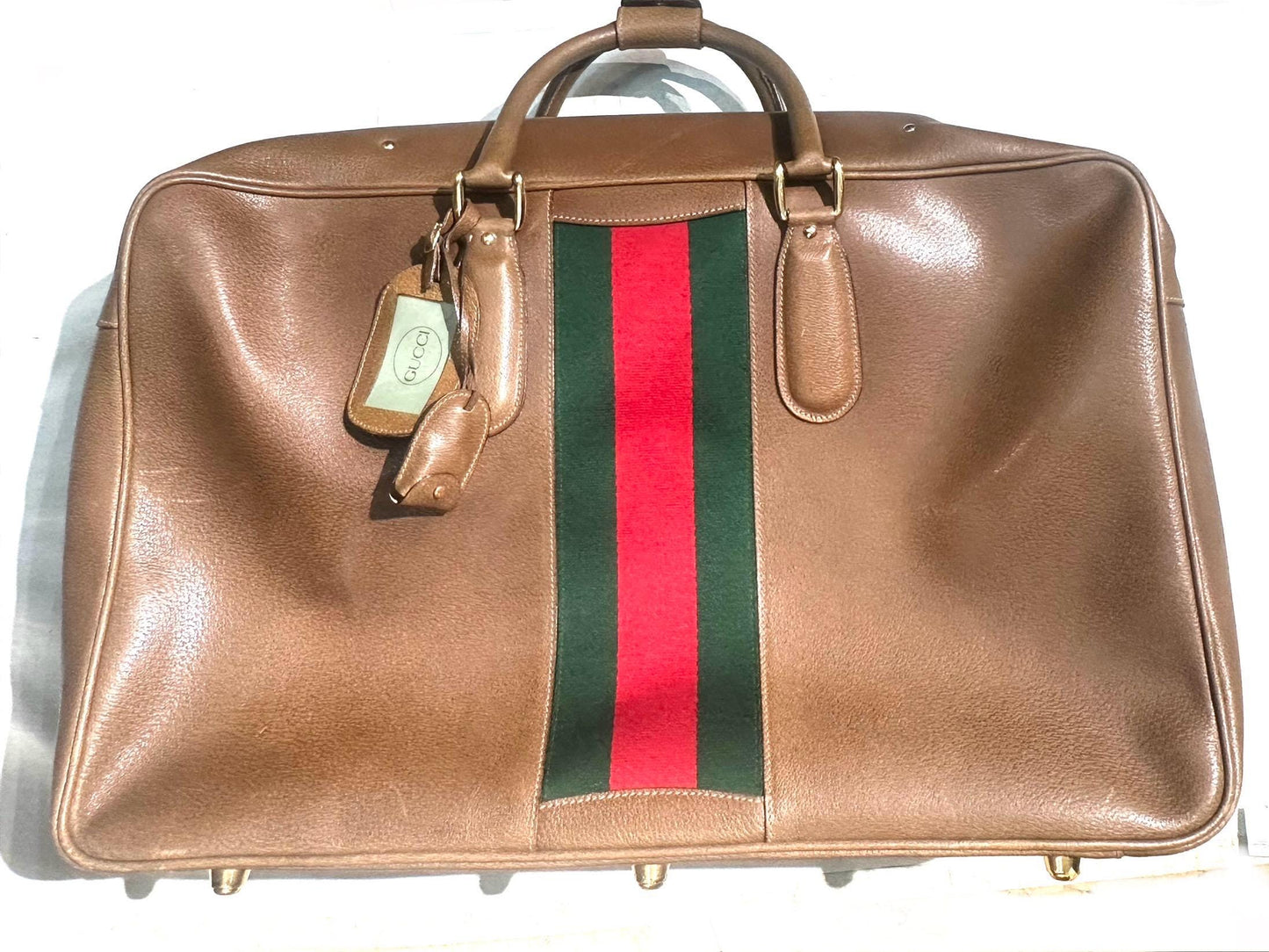 Gucci NOS 70s brown leather luggage with signature red/green stripes, perfect