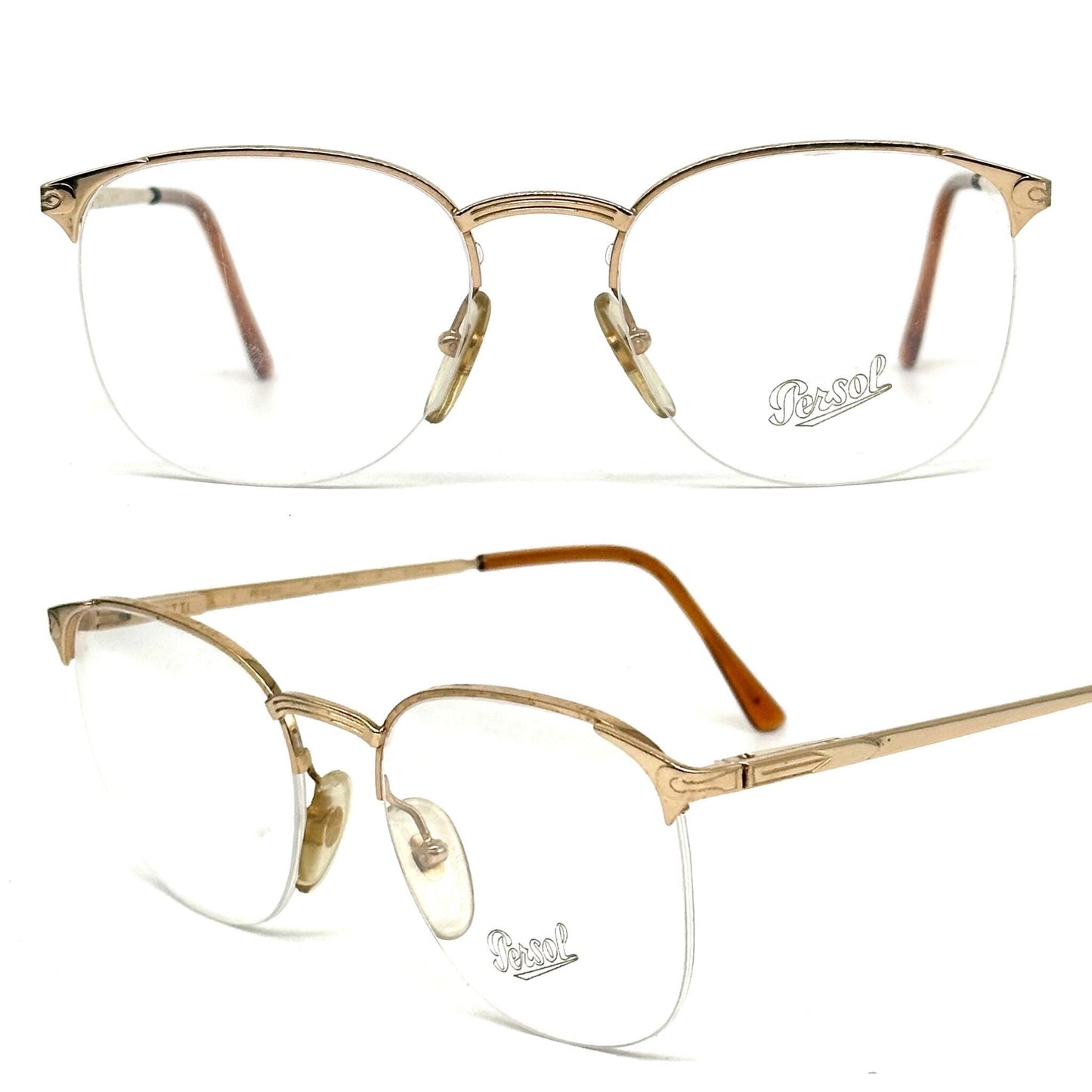 Persol Ratti Algor square half rim golden metal glasses frames, NOS 80s Italy