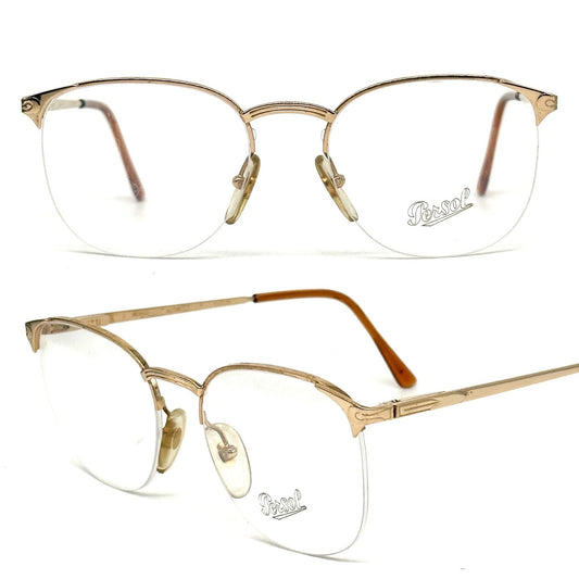 Persol Ratti Algor square half rim golden metal glasses frames, NOS 80s Italy