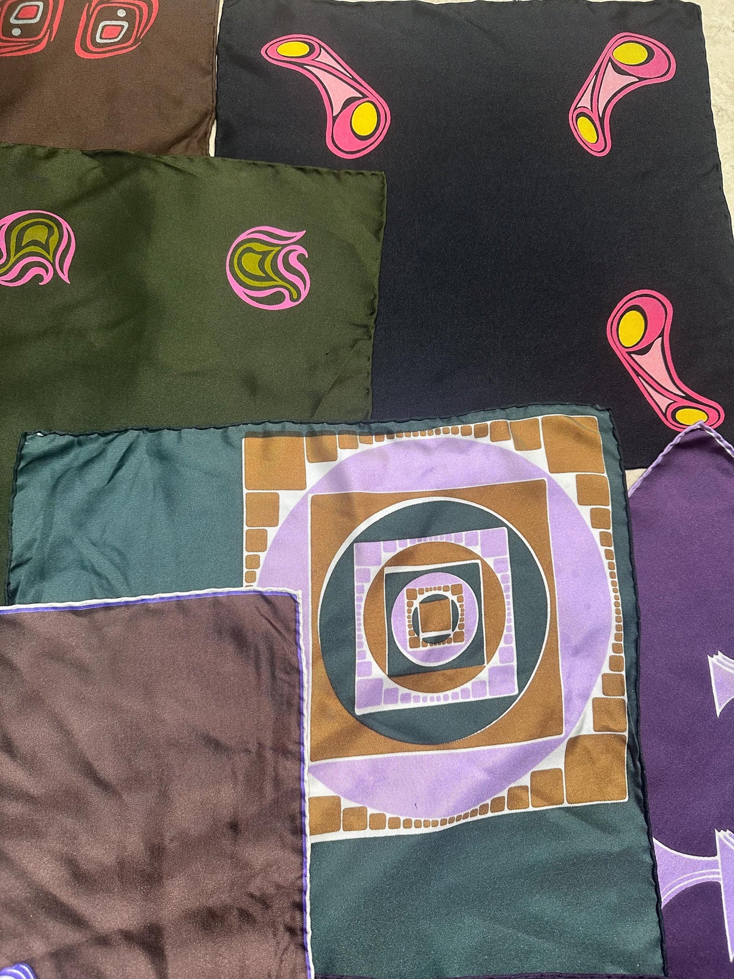 Lot of pure silk pocket squares / handkerchiefs w hand sewn borders, iconic abstract designs, 1970s NOS