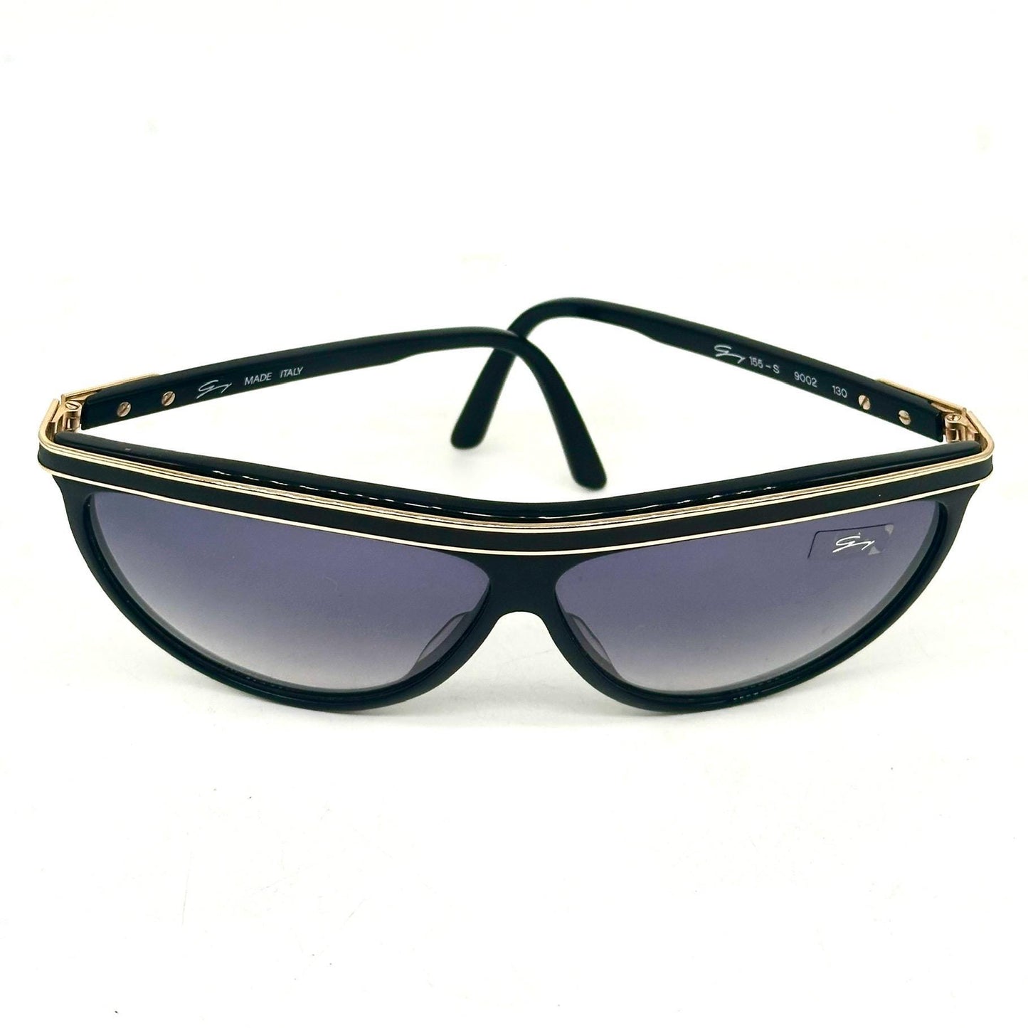 Genny 155-S black wrap sunglasses with gold lines detail on the top ribbon 89s NoS Made in Italy