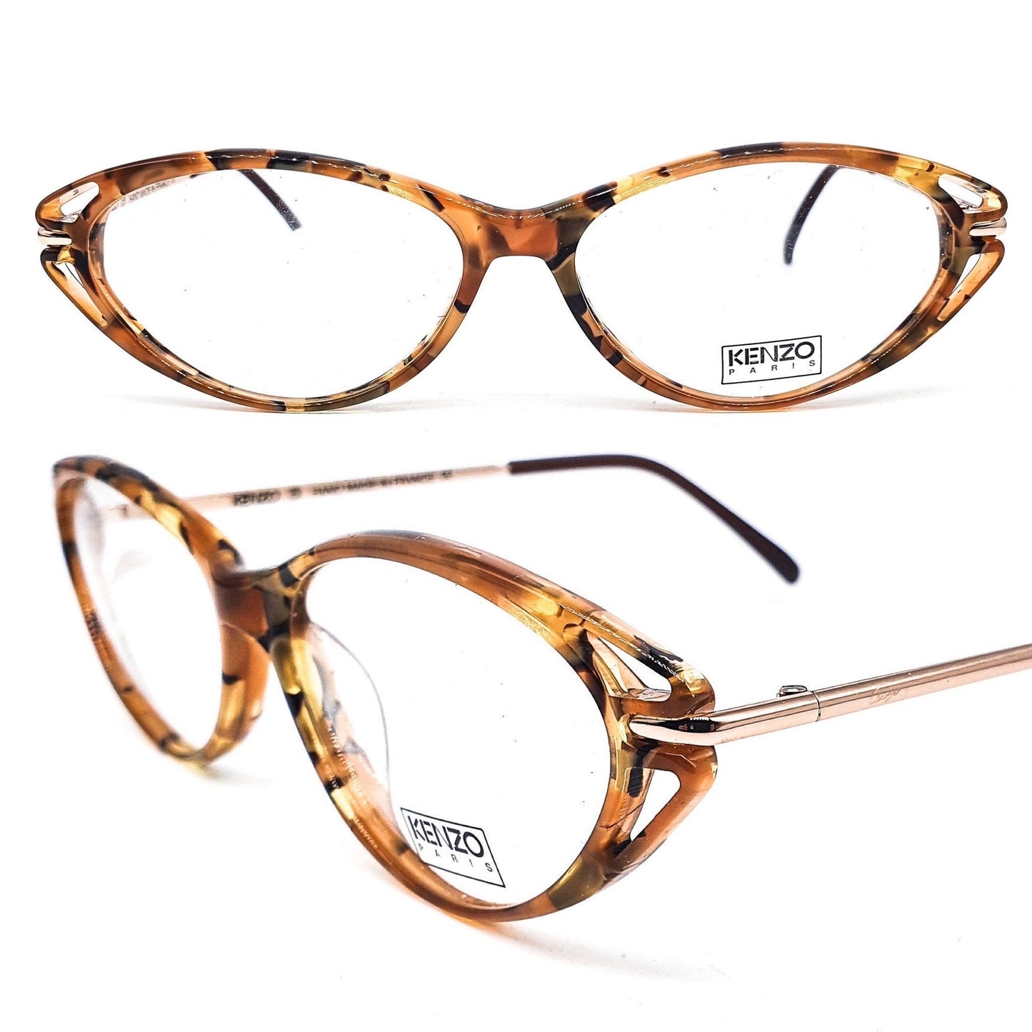 Kenzo k156 mosaico vintage classic cateye style semi amber acetate eyeglasses frames with cut off end part design, 80s France
