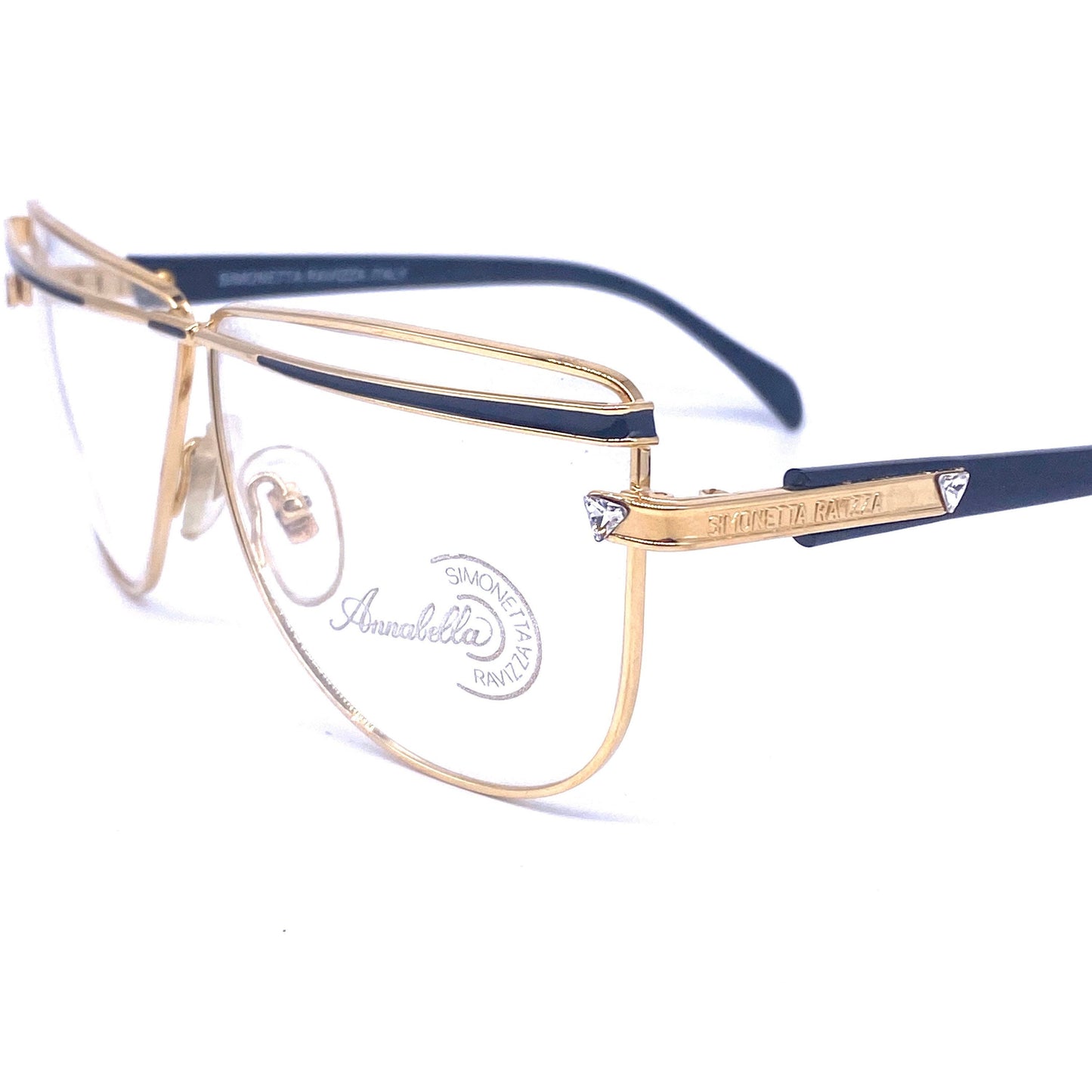 Luxury Annabella eyeglasses with golden oversize frame with rhinestones and enamels, 80s