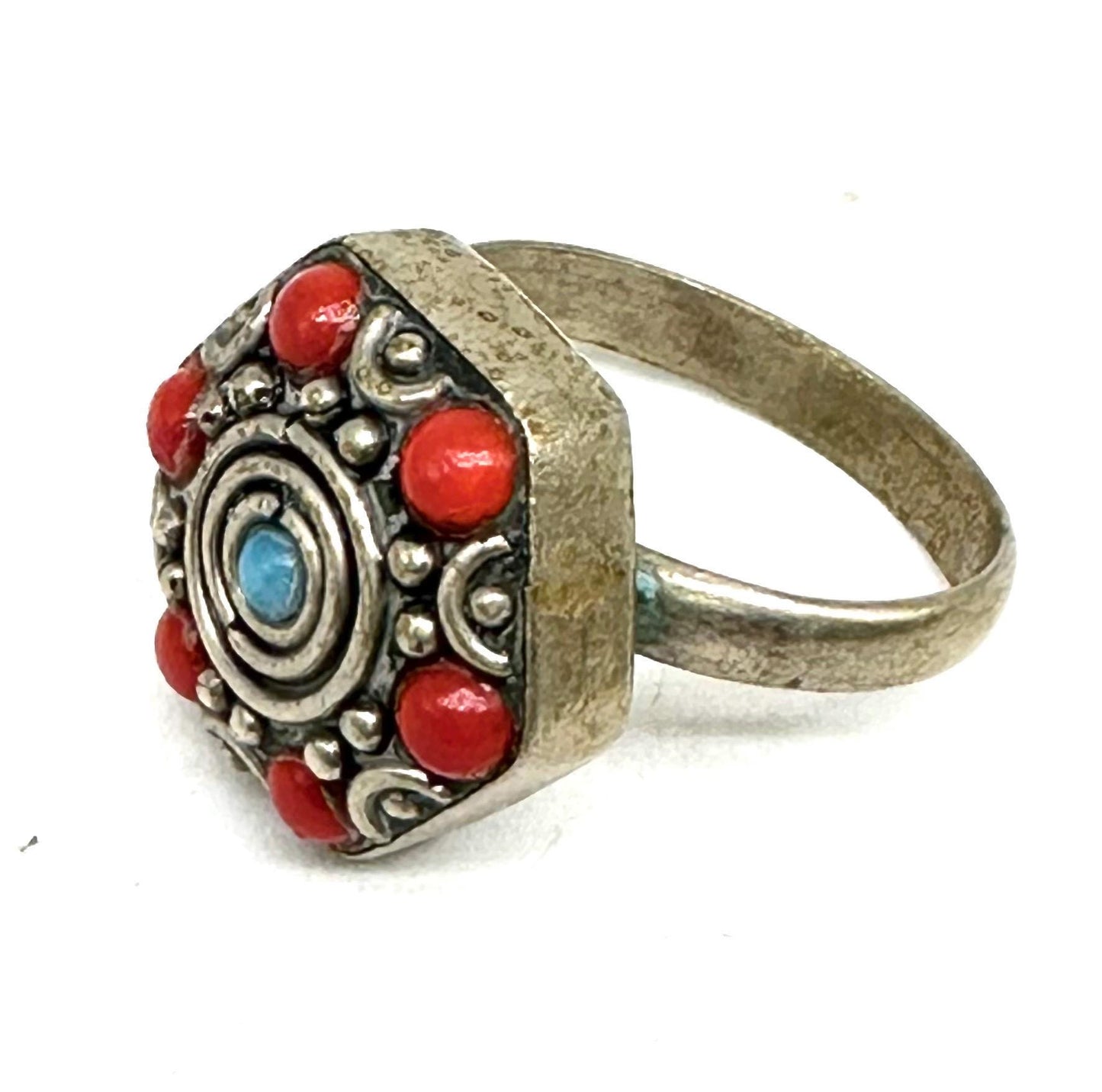 Tibetan ethnic rings w blue/red/turquoise beads/stones, adjustable