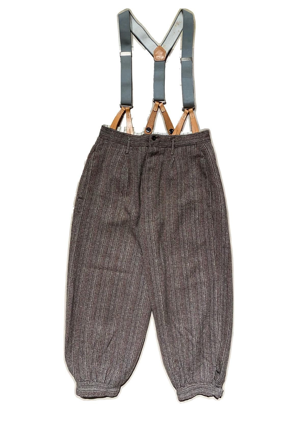 Auth. 1930s circa sartorial brown chevron thick wool trousers ready made 4 suspenders, great cond. sz S man