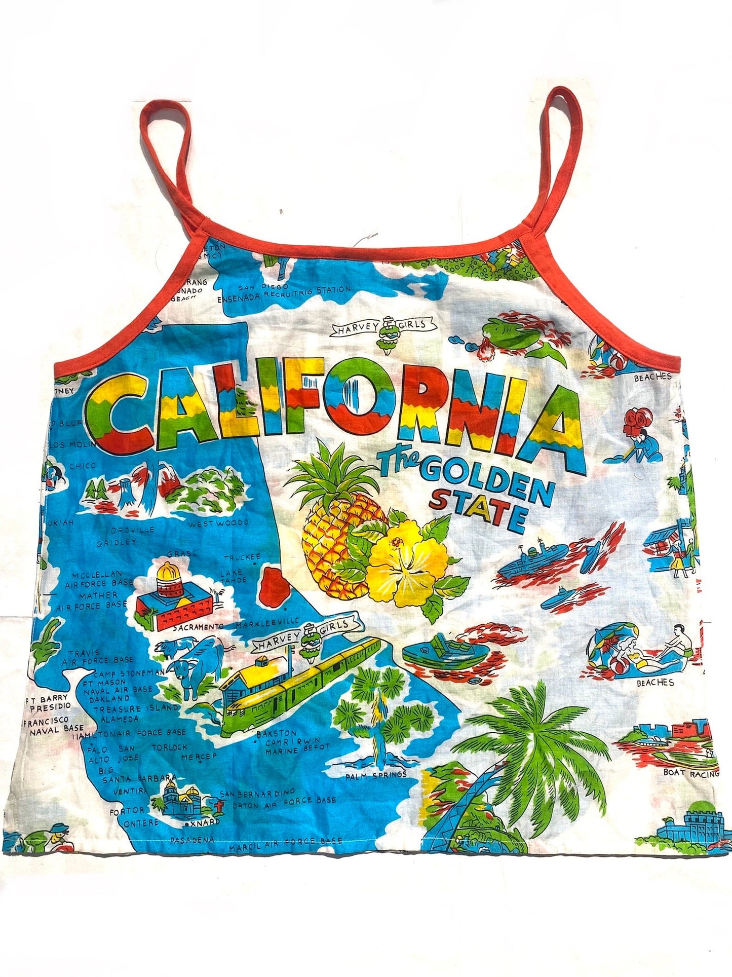 California “The Golden State” retro postcard / Map print cotton tanktop sz M, NOS 80s Italy