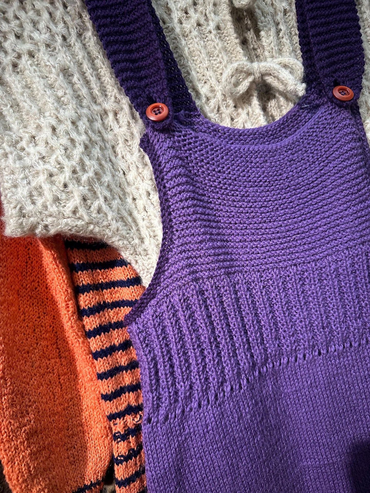 Purple - lilac Hand Knitted crochet dungaree wool dress made in Italy 80s, as new