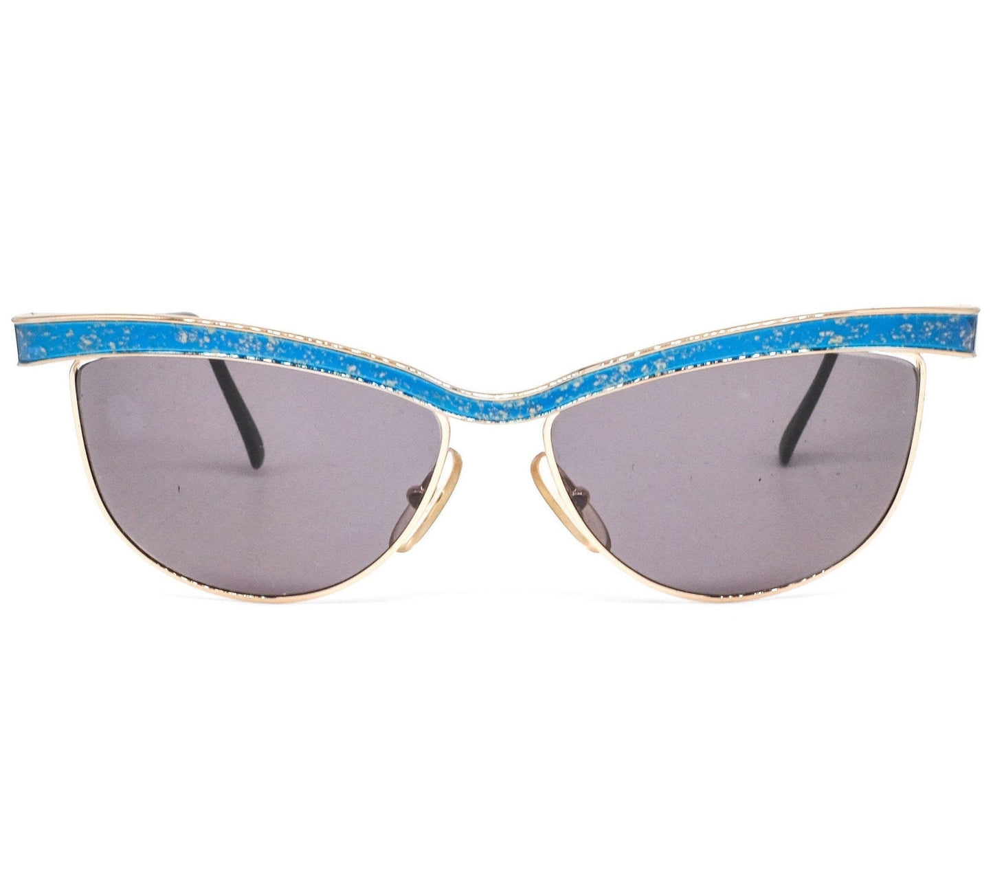 Missoni metallic cateye sunglasses with thick blue browline crafted in satin gold. 90s NOS Italy