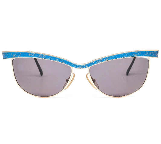 Missoni metallic cateye sunglasses with thick blue browline crafted in satin gold. 90s NOS Italy