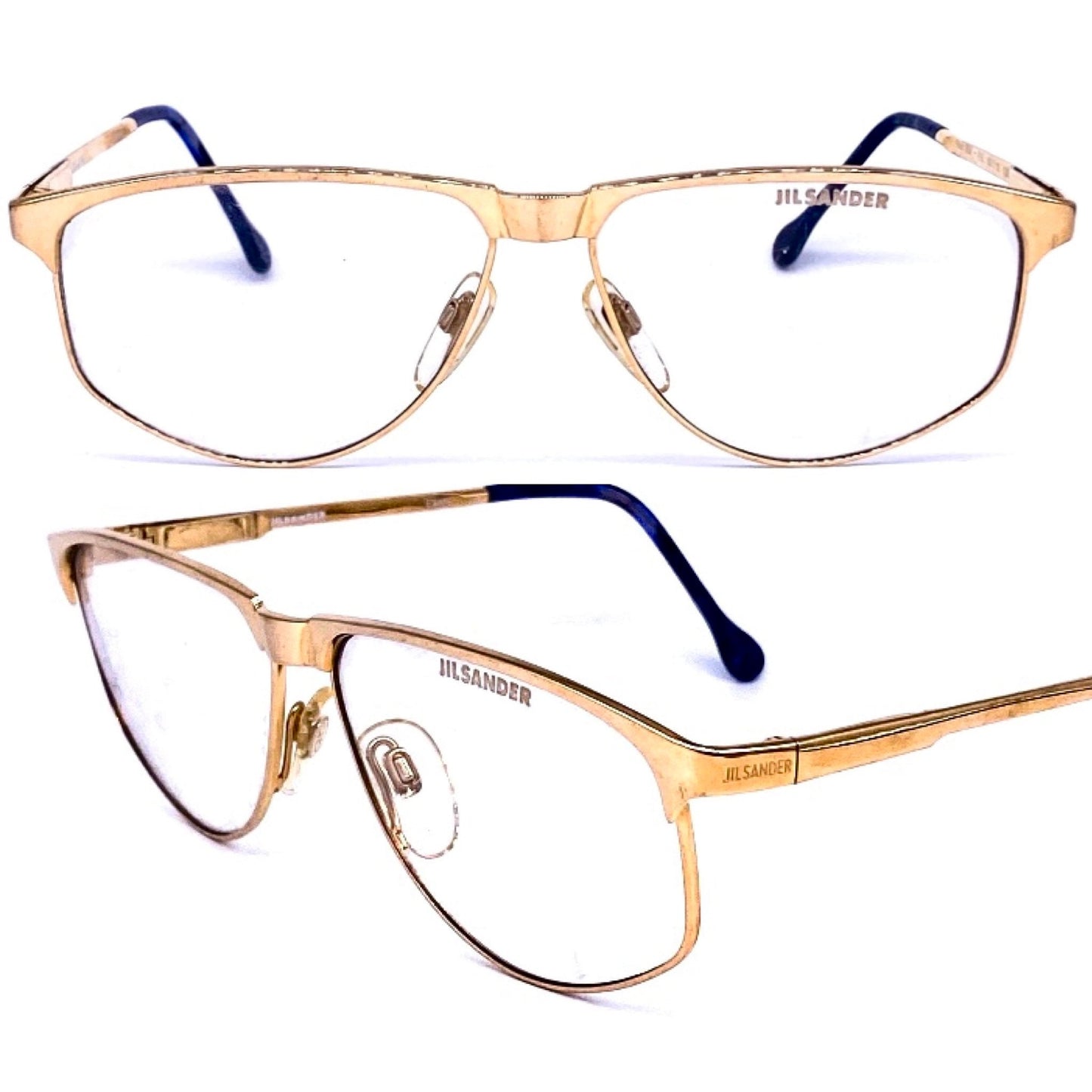 Jil Sander gold metallic oval eyeglasses frames with deep blue temple tips, Italy 80s NOS
