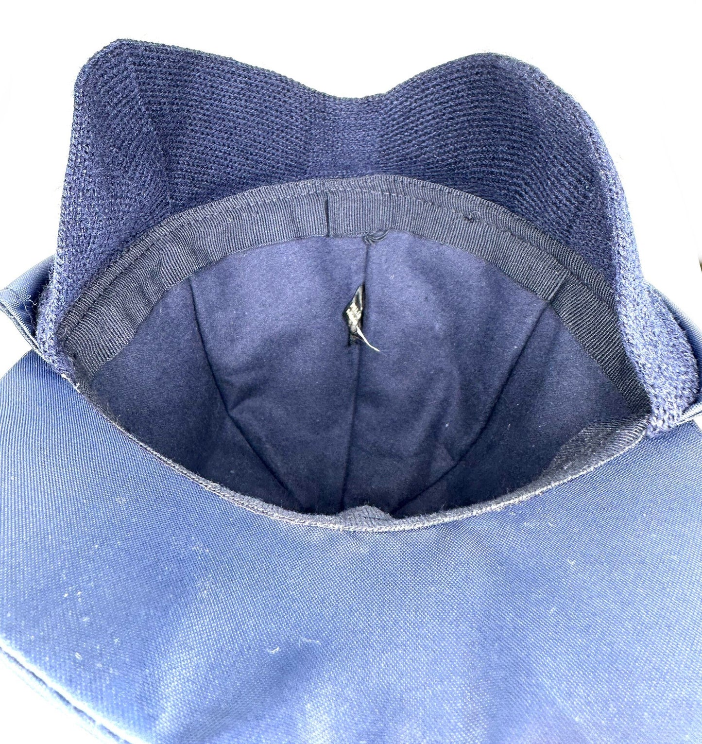 Sherlock Holmes style navy nylon hat with retractable wool knit earpads, NoS 80s Italy, sz 55, 56