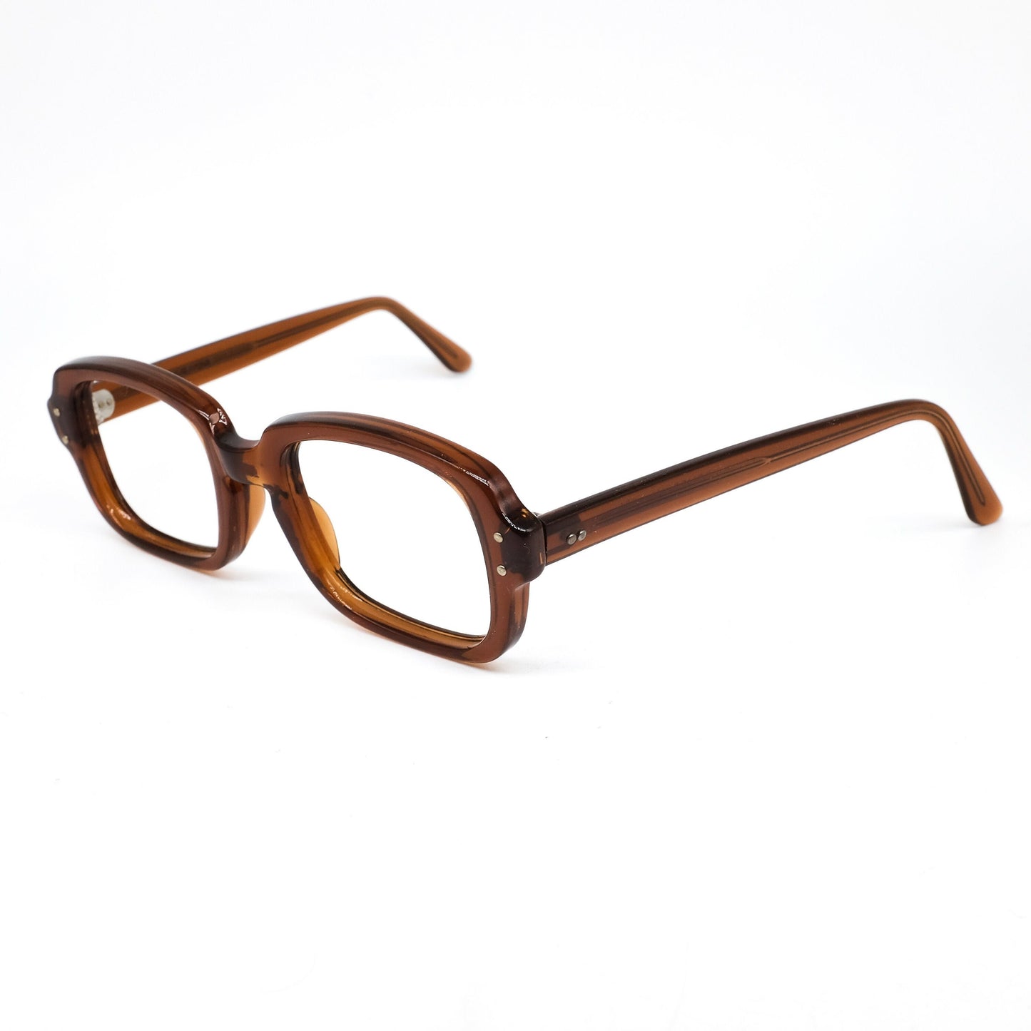 Romco US Army square brown translucent acetate glasses w silver metal pins, 1960s NOS brand new never worn