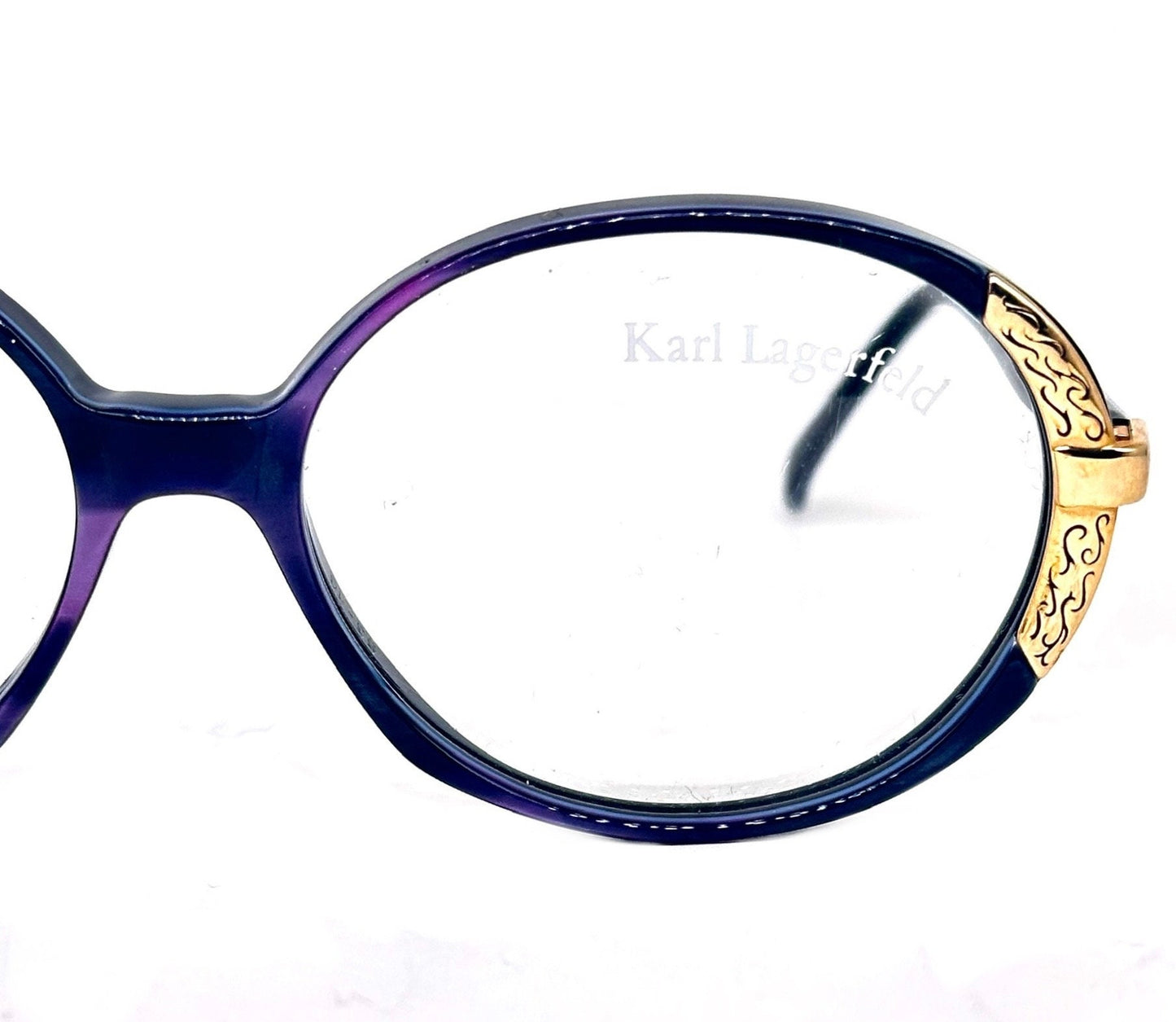 Karl Lagerfeld 80s NOS oval ladies frames, purple pearl cello w/ golden decò carved details, beautiful