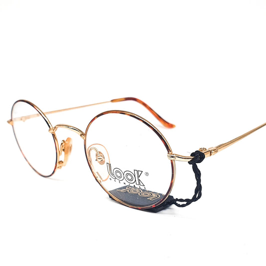 Look round gold metallic eyeglasses frames made in italy with tortoise cable rim, 1980s nos