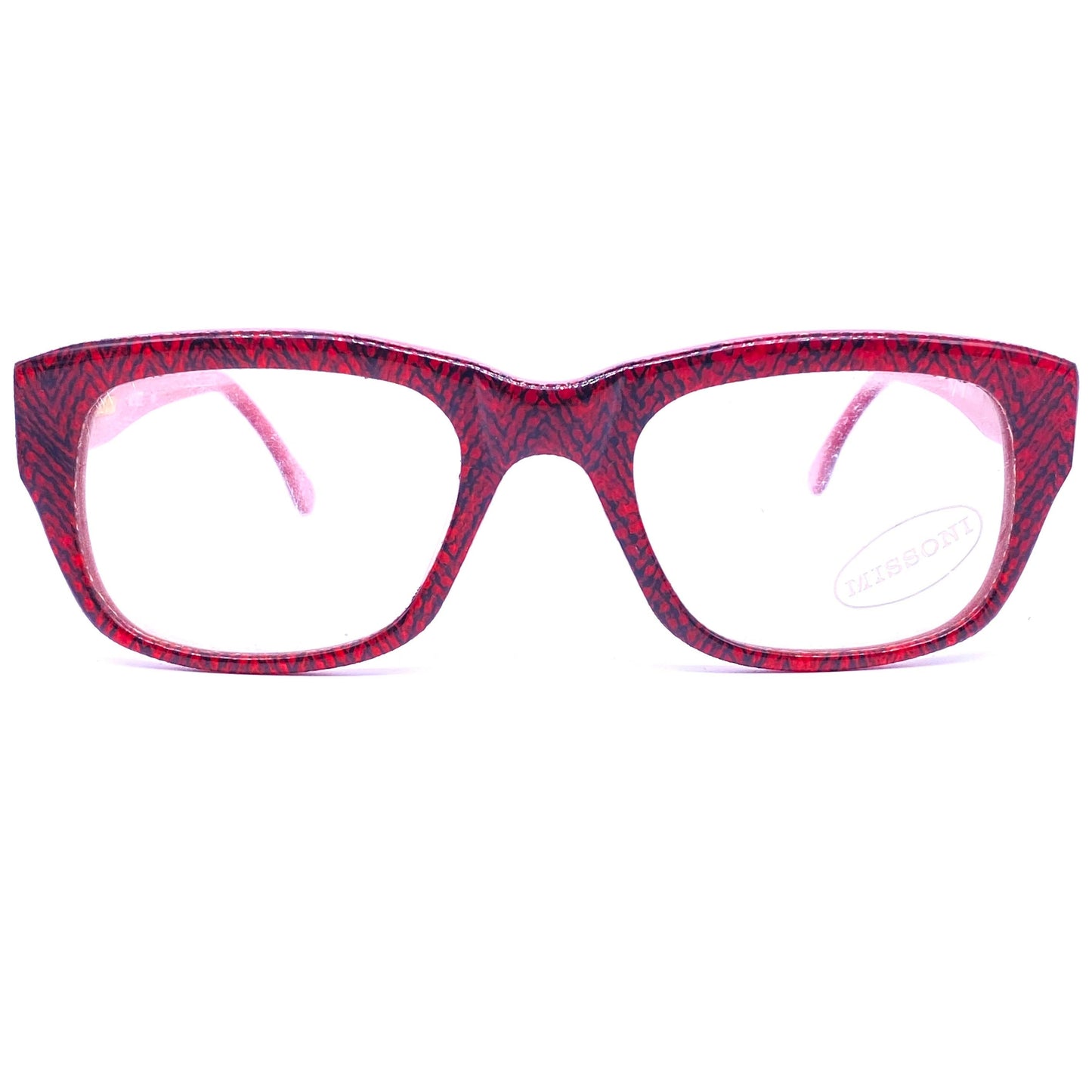 Missoni M107 iconic red chevron fabric inlaid square unisex frames, red base w black stripes, NOS 80s