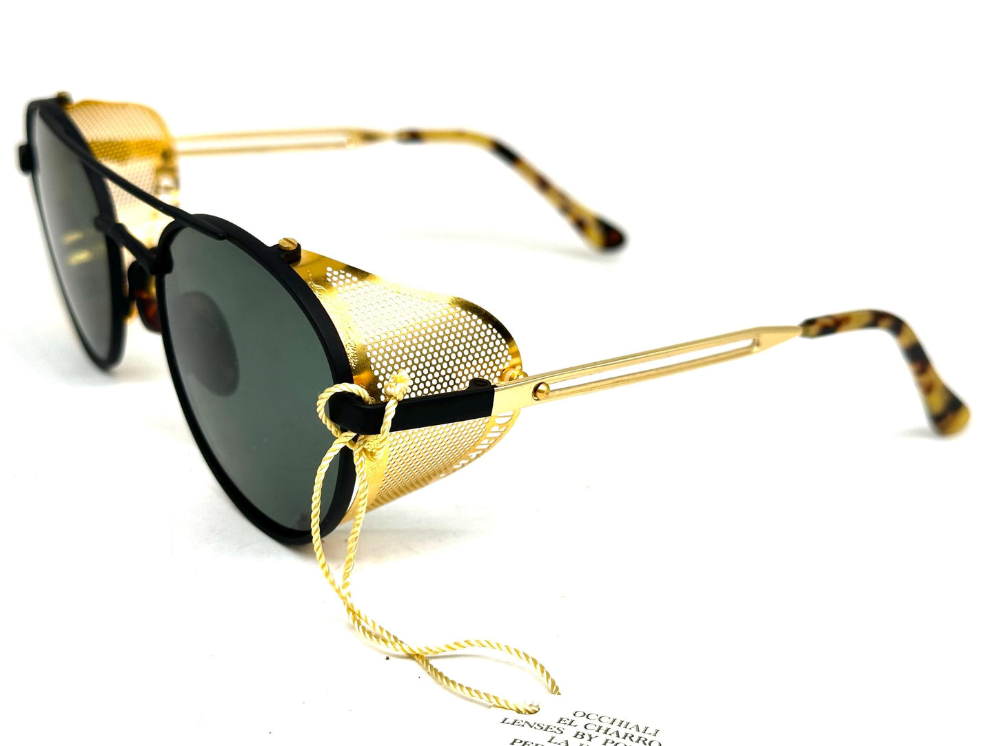 Charro rare round black-gold side shields sunglasses hand made in Italy, 80s NoS
