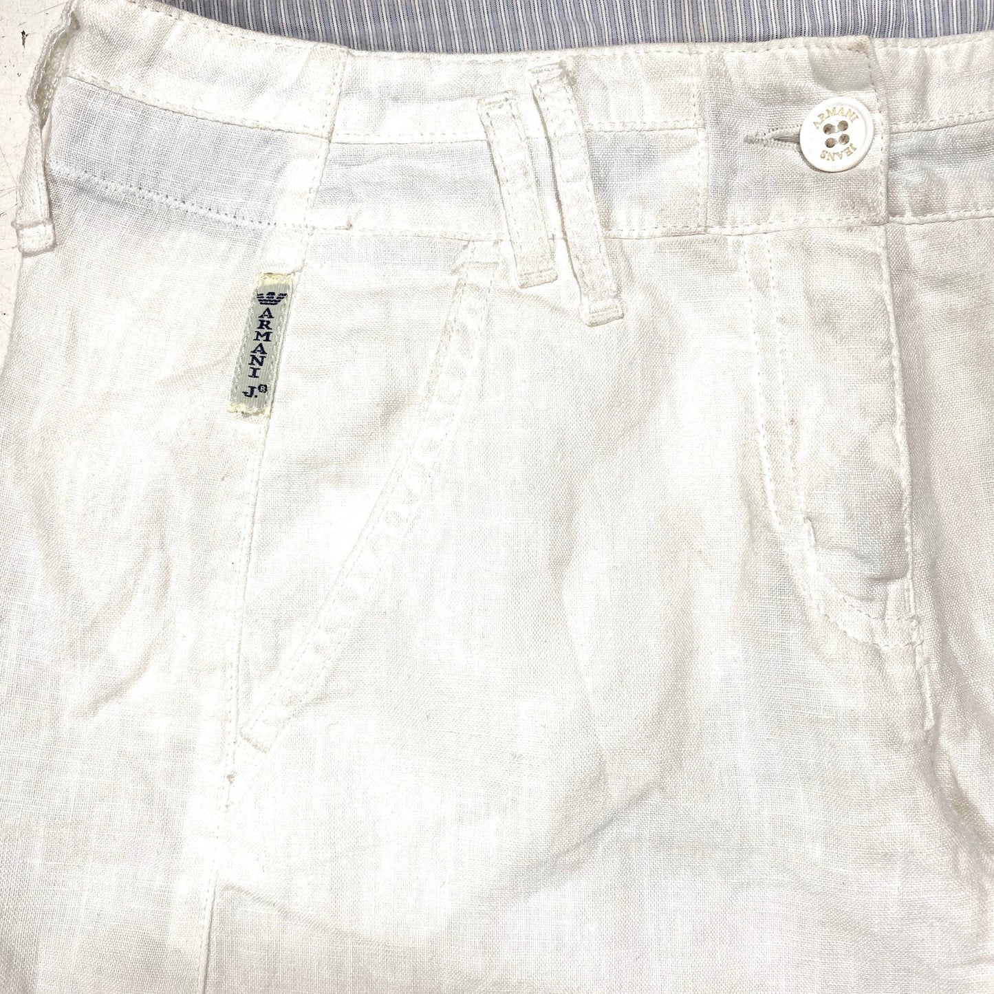 Armani Jeans white linen ladies trousers, flared/ wide leg, sz 26 Italy 90s mint