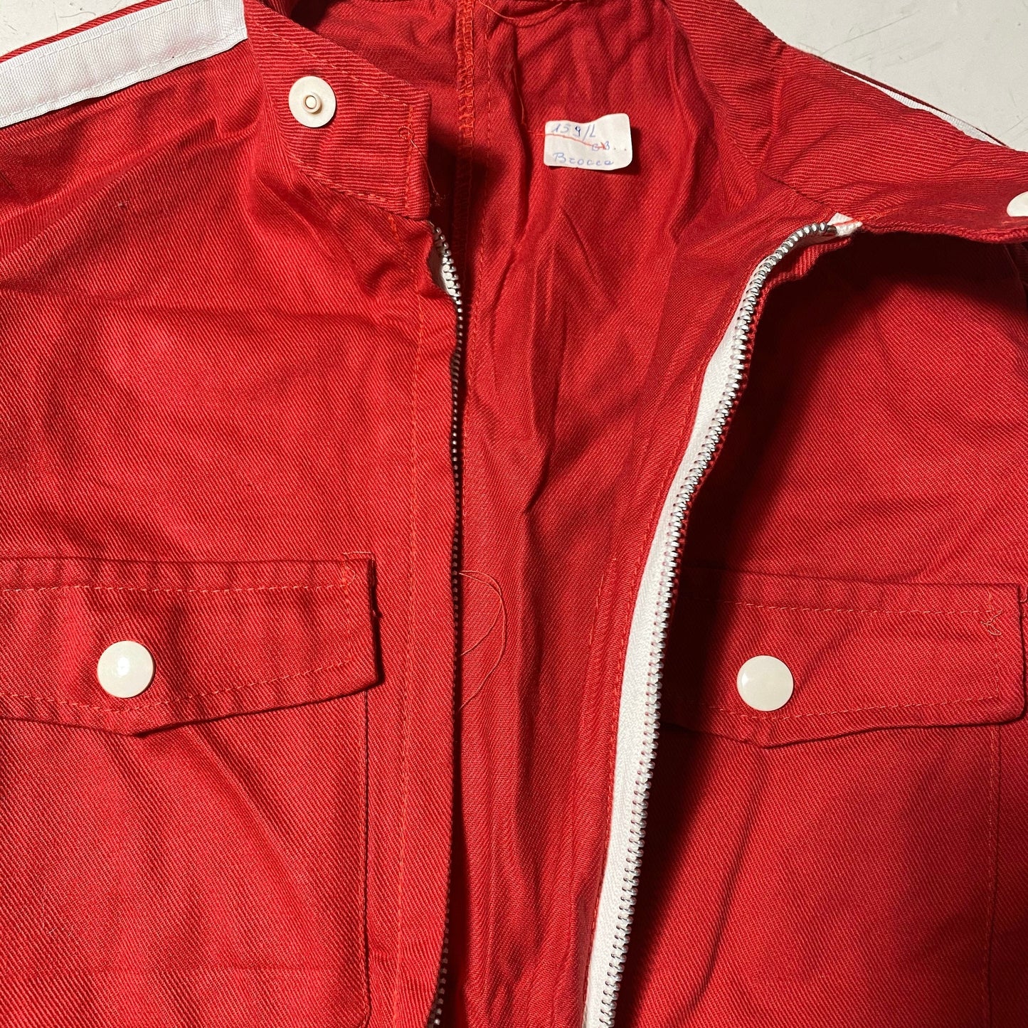 Cute red kids go-kart mechanic overall suit in cotton canvas with white stripe detail, NOS 70s