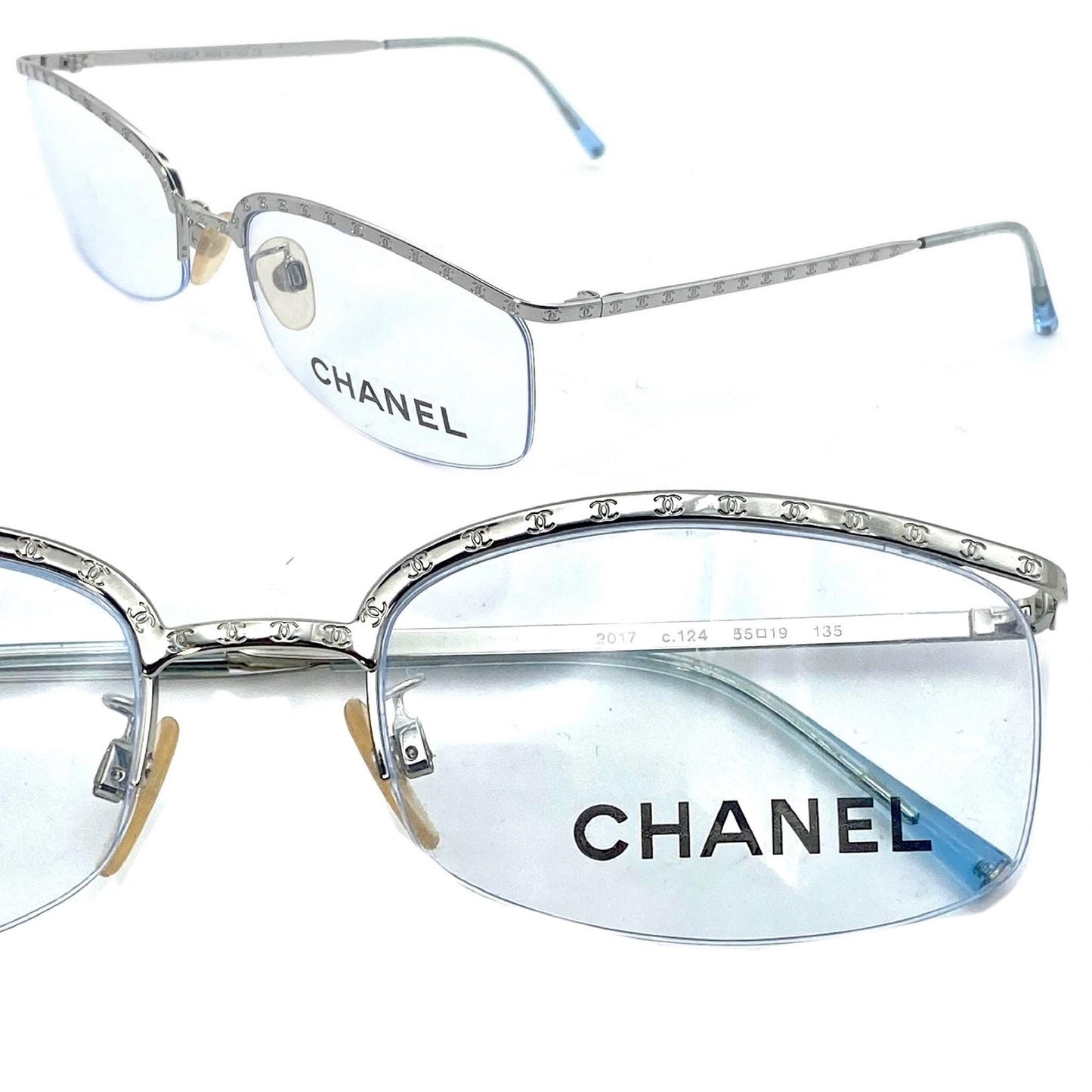 Chanel modernist half rim silver glasses w CC logo carved allover, NOS early Y2K mint