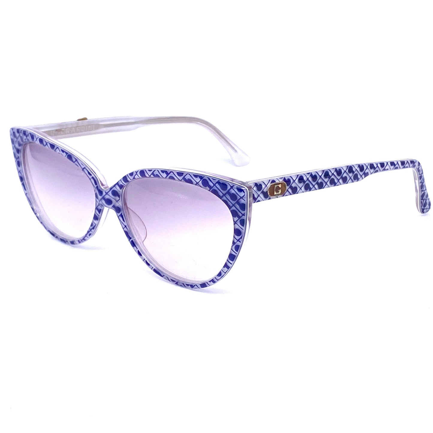 Gherardini blue-white monogram allover iconic cateye sunglasses hand made in Italy, 90s NOS