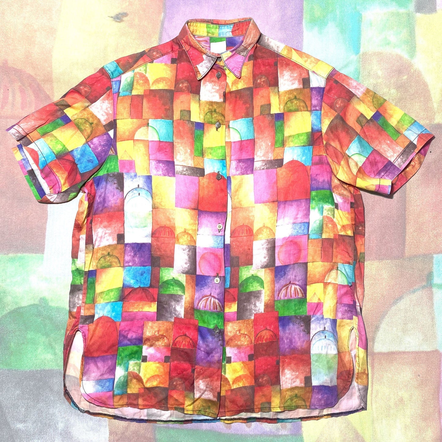 Paul Klee style short sleeved shirt, watercolor painting print by Star astistic fabrics Como, mint