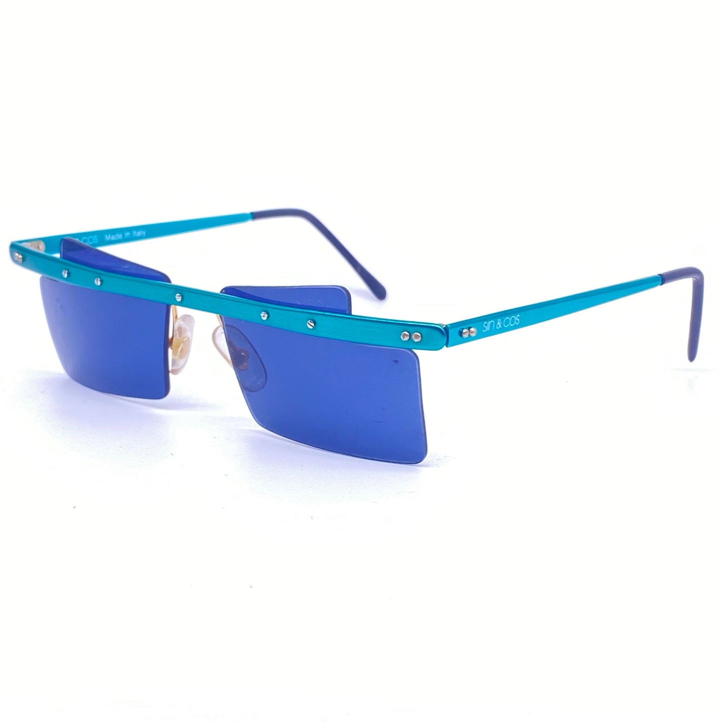 Sin&Cos square anodized metal avant-garde sunglasses, blue, silver or red, NOS 90s Italy