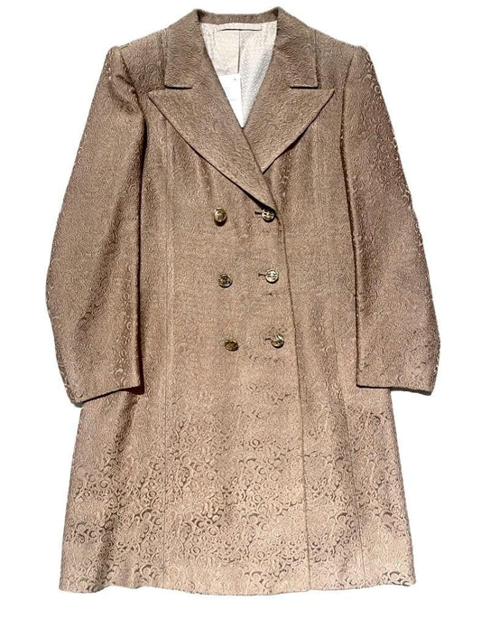 1960s sartorial dbl breast coat in jacquard satin brocade allover, cameo color w beige lining, as new