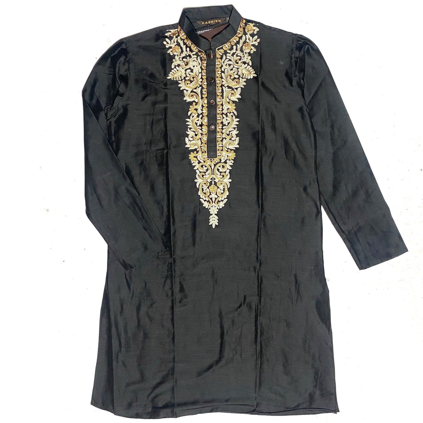 Indian kurta men long dress shirt, black with silk embroidery on chest, wood buttons, NOS