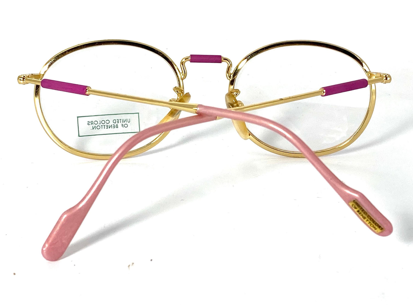 United Colors Benetton oval gold- Fucsia enamel metal eyeglasses frames, cool steampunk vibe, 80s NOS Italy