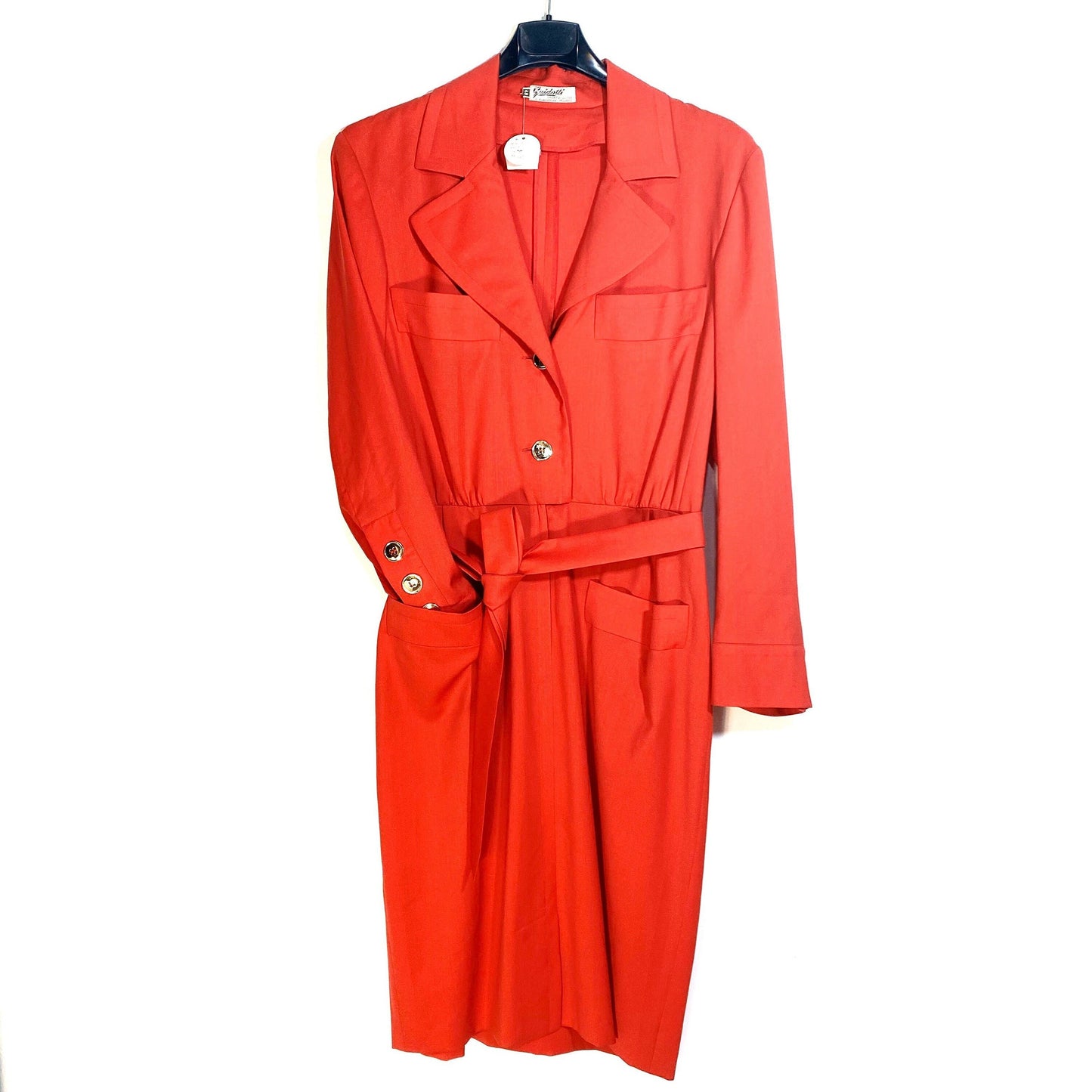 Guidotti luxury sportswear 1970s V red shirt dress, wonderful light and fresh cotton w golden buttons, NOS with tags