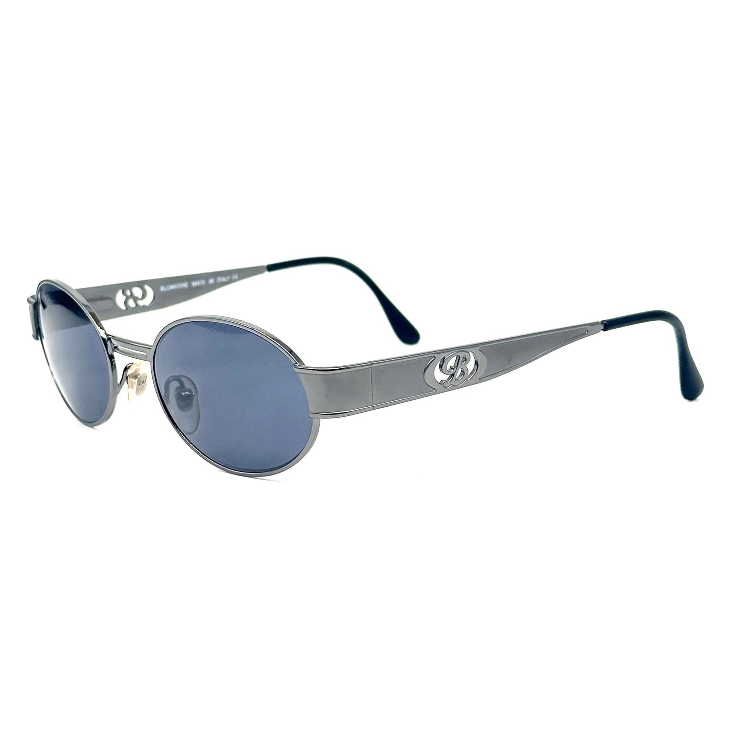 Bluemarine BM 623 oval gunmetal sunglasses w cutoff B logo, NOS 90s Italy