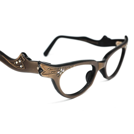 Montatura per occhiali cateye autentici anni '50 decorata con intagli e strass, NOS