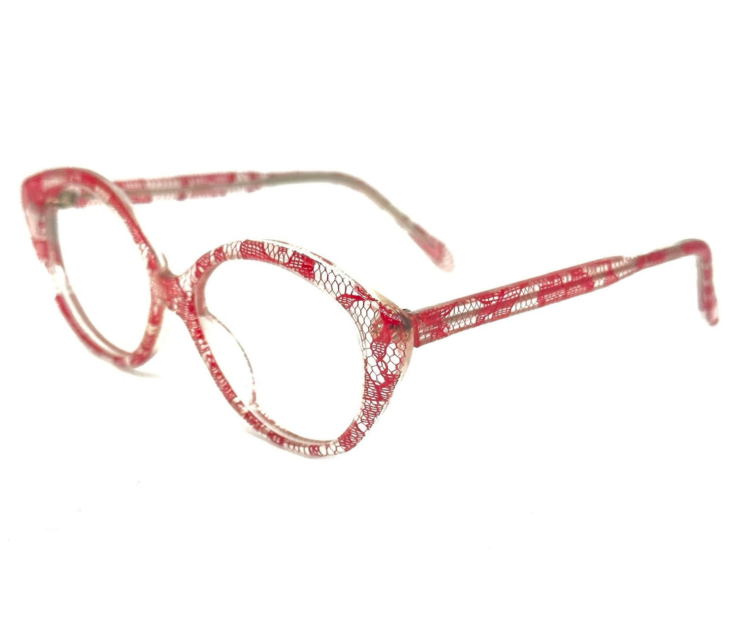 Fiorucci 218 clear cateye glasses frames w red laces inlaid, NOS 80s Italy