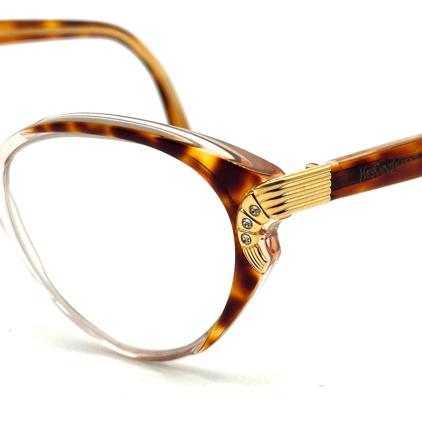 Yves Saint Laurent 5005 brown tortoise acetate cateye eyeglasses with gold details and rhinestones YSL NoS