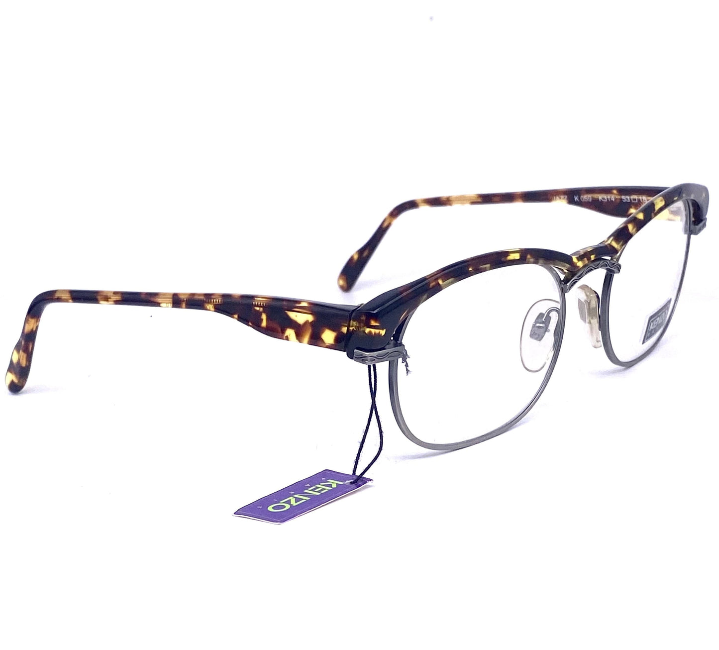 Kenzo Jazz K059 rectangular carved gunmetal frames w avant-Garde tortoise browline, 80s NoS France